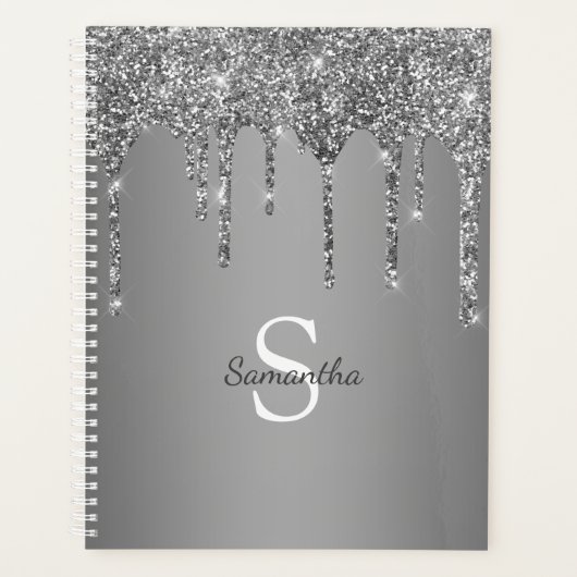 Silver Glitter Sparkle Drip Folie Monogram Naam Planner (Voorkant)