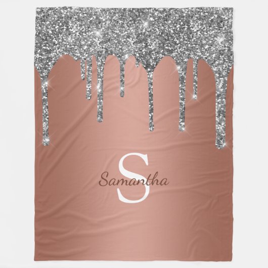 Silver Glitter Sparkle Drip Roos Gold Monogram Fleece Deken (Voorkant)