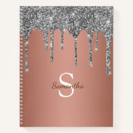 Silver Glitter Sparkle Drip Roos Gold Monogram Notitieboek