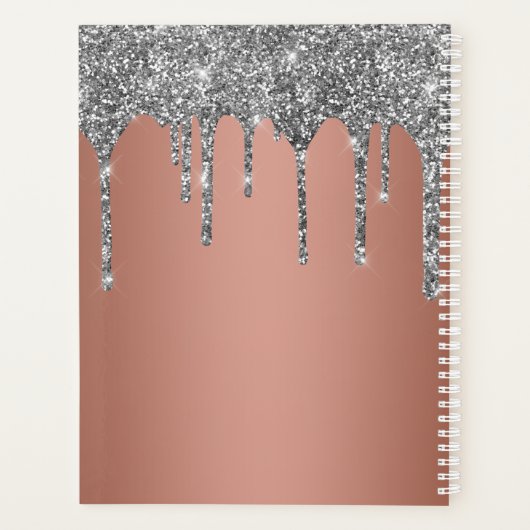 Silver Glitter Sparkle Drip Roos Gold Monogram Planner (Achterkant)