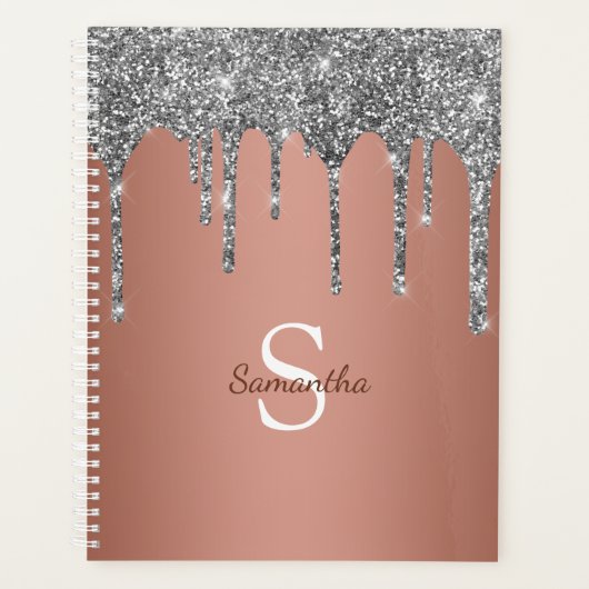 Silver Glitter Sparkle Drip Roos Gold Monogram Planner (Voorkant)