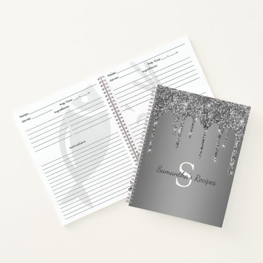 Silver Glitter Sparkle Drips Folie Monogram Recept Notitieboek (Binnen)