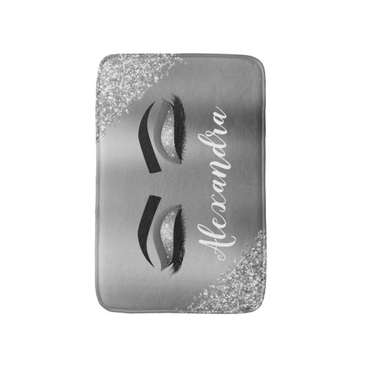 Silver Glitter Sparkle Eyelashes Monogram Naam Badmat (Voorkant Verticaal)