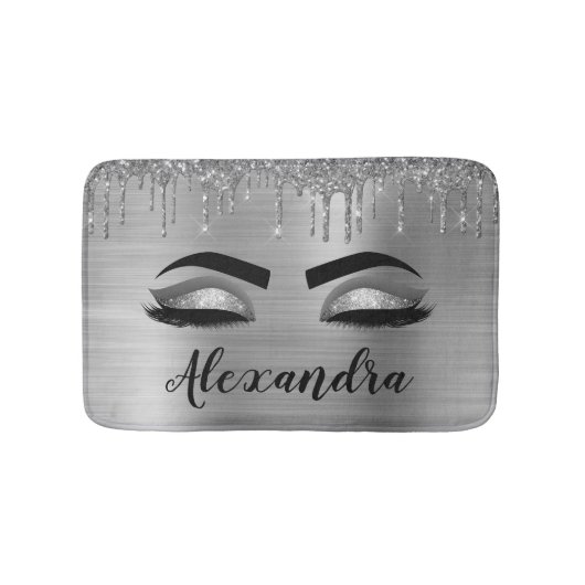 Silver Glitter Sparkle Eyelashes Monogram Naam Badmat (Voorkant)
