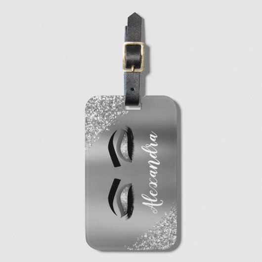 Silver Glitter Sparkle Eyelashes Monogram Naam Bagagelabel (Voorkant (verticaal))