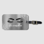 Silver Glitter Sparkle Eyelashes Monogram Naam Bagagelabel (Voorkant (horizontaal))