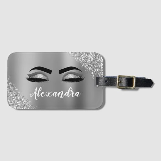 Silver Glitter Sparkle Eyelashes Monogram Naam Bagagelabel (Voorkant (horizontaal))