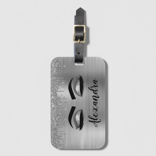 Silver Glitter Sparkle Eyelashes Monogram Naam Bagagelabel (Voorkant (verticaal))