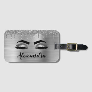 Silver Glitter Sparkle Eyelashes Monogram Naam Bagagelabel