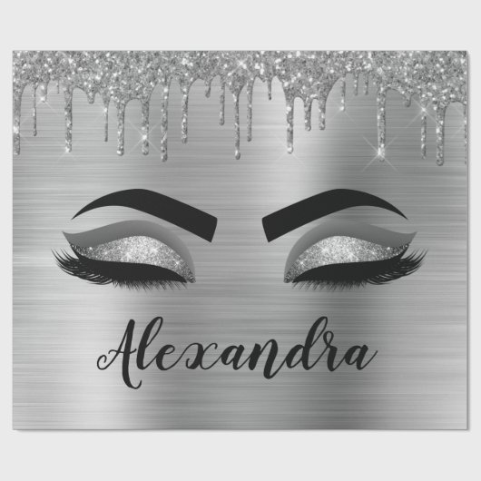 Silver Glitter Sparkle Eyelashes Monogram Naam Cadeaupapier (Vlak)