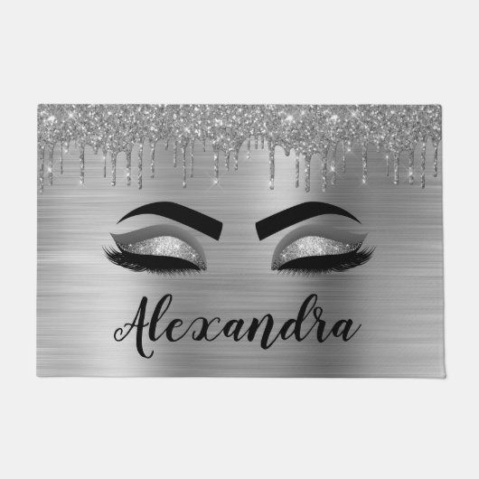 Silver Glitter Sparkle Eyelashes Monogram Naam Deurmat (Voorkant)