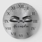 Silver Glitter Sparkle Eyelashes Monogram Naam Grote Klok (Voorkant)