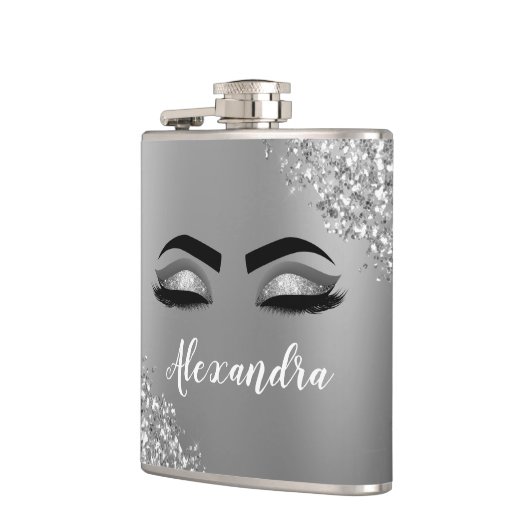 Silver Glitter Sparkle Eyelashes Monogram Naam Heupfles (Links)