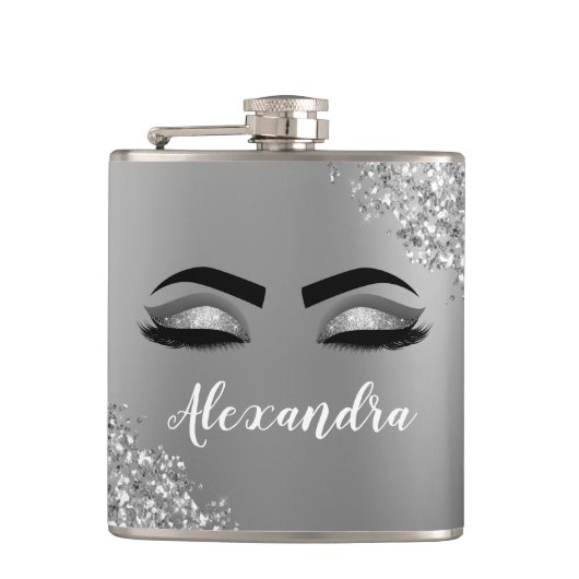 Silver Glitter Sparkle Eyelashes Monogram Naam Heupfles (Voorkant)