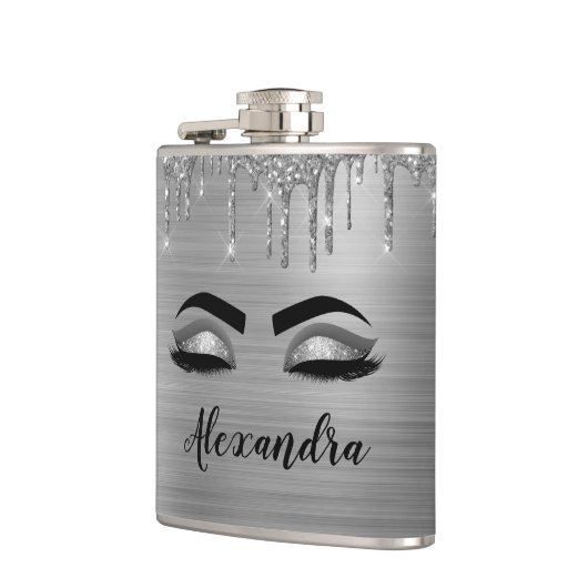 Silver Glitter Sparkle Eyelashes Monogram Naam Heupfles (Links)