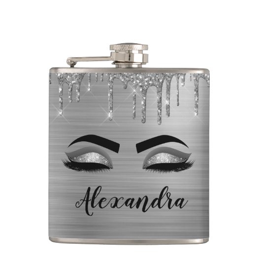 Silver Glitter Sparkle Eyelashes Monogram Naam Heupfles (Voorkant)