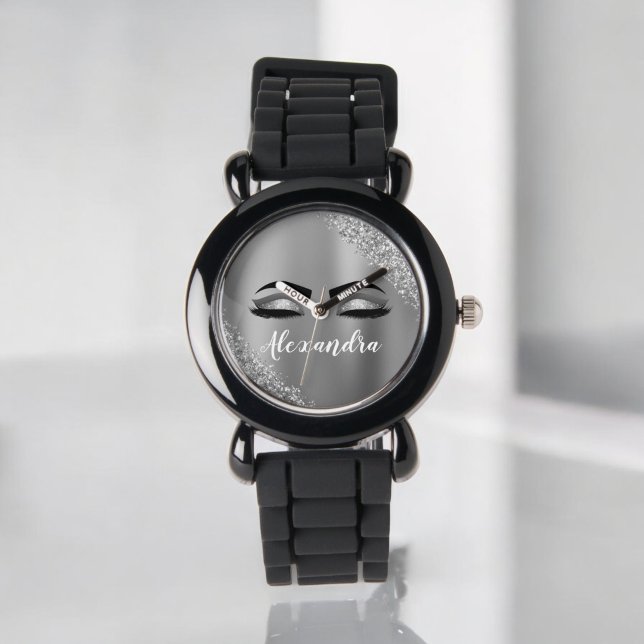 Silver Glitter Sparkle Eyelashes Monogram Naam Horloge (Creator heeft geüpload)