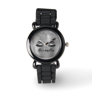 Silver Glitter Sparkle Eyelashes Monogram Naam Horloge