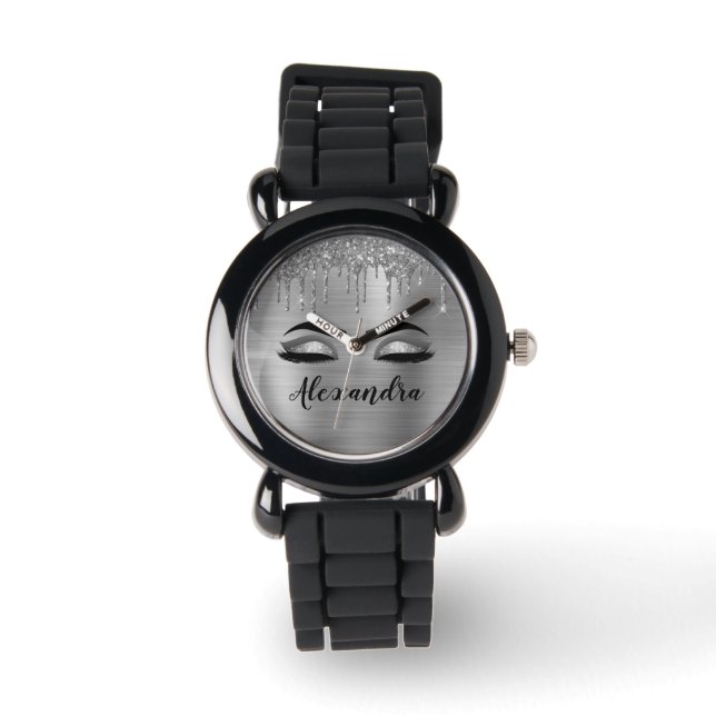 Silver Glitter Sparkle Eyelashes Monogram Naam Horloge (Voorkant)
