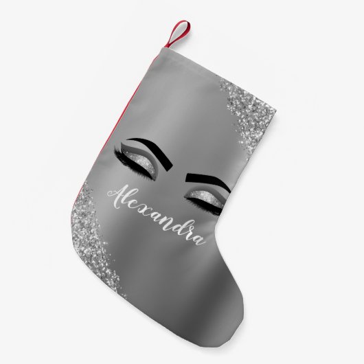 Silver Glitter Sparkle Eyelashes Monogram Naam Kleine Kerstsok (Voorkant (Hangend))