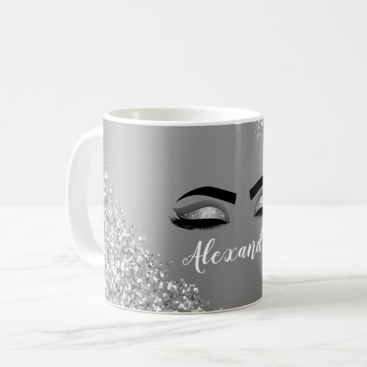 Silver Glitter Sparkle Eyelashes Monogram Naam Koffiemok (Voorkant links)