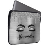Silver Glitter Sparkle Eyelashes Monogram Naam Laptop Sleeve (Voorkant Rechts)