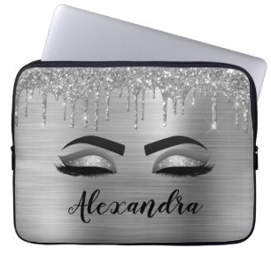 Silver Glitter Sparkle Eyelashes Monogram Naam Laptop Sleeve