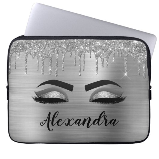 Silver Glitter Sparkle Eyelashes Monogram Naam Laptop Sleeve (Voorkant)