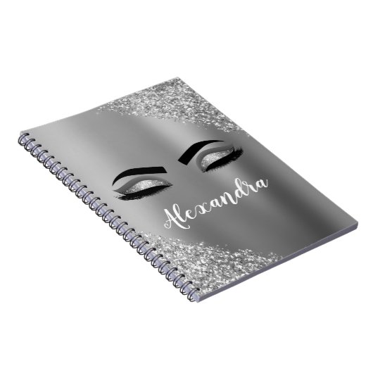 Silver Glitter Sparkle Eyelashes Monogram Naam Notitieboek (Rechterzijde)