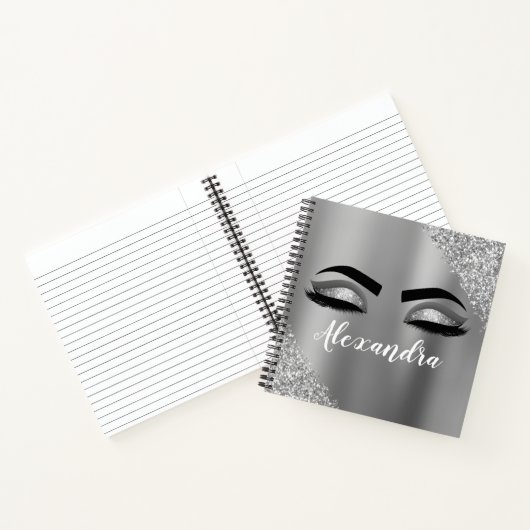 Silver Glitter Sparkle Eyelashes Monogram Naam Notitieboek (Binnen)