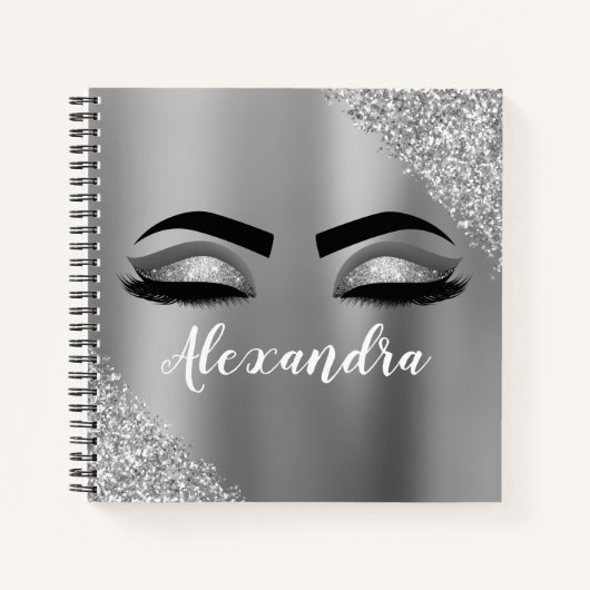 Silver Glitter Sparkle Eyelashes Monogram Naam Notitieboek (Voorkant)