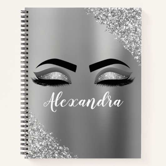 Silver Glitter Sparkle Eyelashes Monogram Naam Notitieboek (Voorkant)