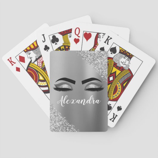 Silver Glitter Sparkle Eyelashes Monogram Naam Pokerkaarten (Achterkant)