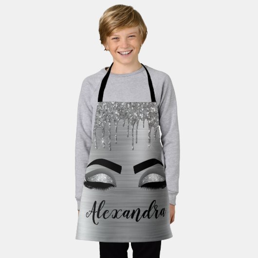 Silver Glitter Sparkle Eyelashes Monogram Naam Schort (Gedragen)