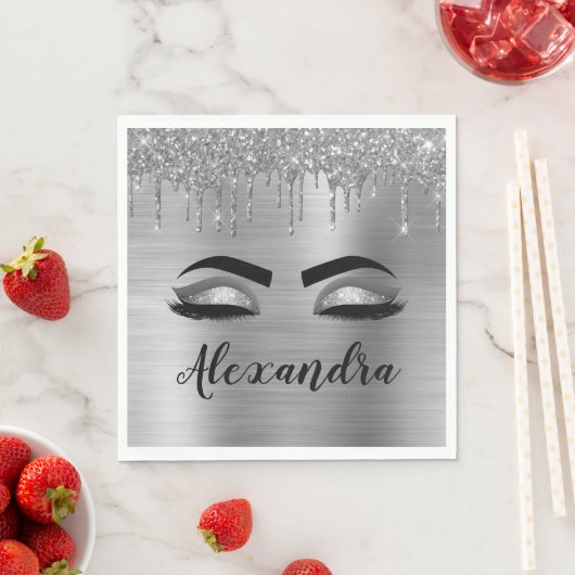 Silver Glitter Sparkle Eyelashes Monogram Naam Servet (Insitu)