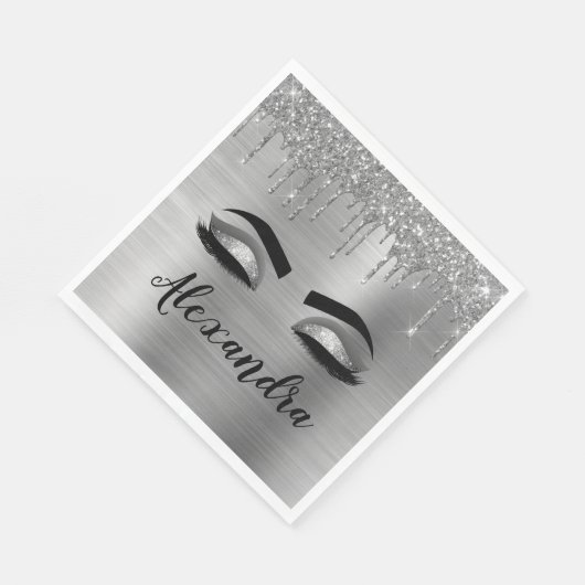 Silver Glitter Sparkle Eyelashes Monogram Naam Servet (Hoek)