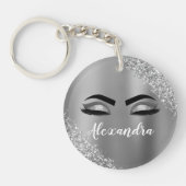 Silver Glitter Sparkle Eyelashes Monogram Naam Sleutelhanger (Voorkant)