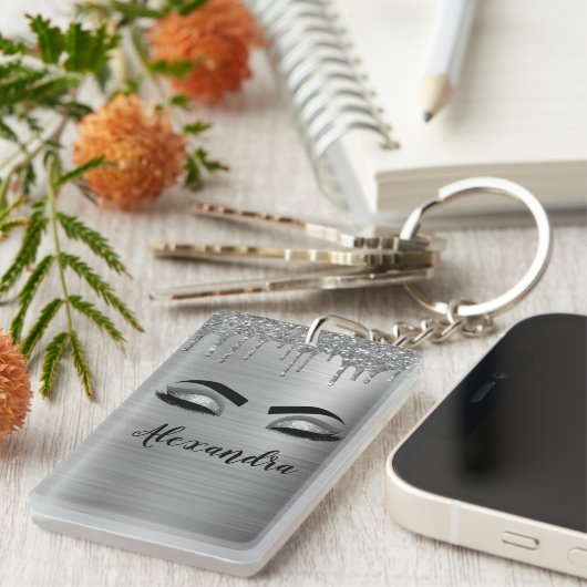 Silver Glitter Sparkle Eyelashes Monogram Naam Sleutelhanger (Voorkant Rechts)