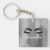 Silver Glitter Sparkle Eyelashes Monogram Naam Sleutelhanger (voorkant)