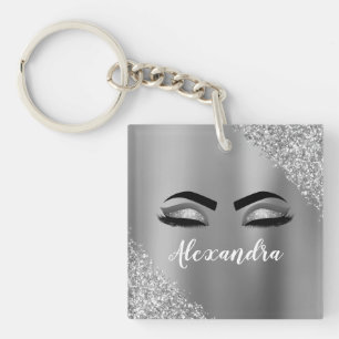 Silver Glitter Sparkle Eyelashes Monogram Naam Sleutelhanger