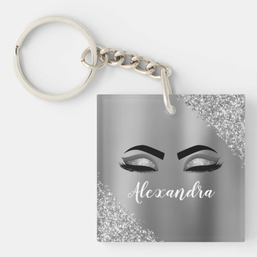Silver Glitter Sparkle Eyelashes Monogram Naam Sleutelhanger (voorkant)