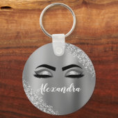 Silver Glitter Sparkle Eyelashes Monogram Naam Sleutelhanger (Voorkant)