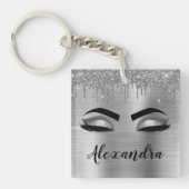 Silver Glitter Sparkle Eyelashes Monogram Naam Sleutelhanger (voorkant)