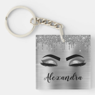 Silver Glitter Sparkle Eyelashes Monogram Naam Sleutelhanger