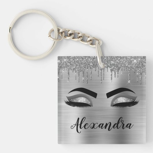 Silver Glitter Sparkle Eyelashes Monogram Naam Sleutelhanger (voorkant)