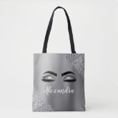 Silver Glitter Sparkle Eyelashes Monogram Naam Tote Bag (Voorkant)