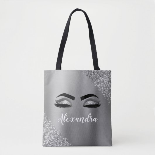 Silver Glitter Sparkle Eyelashes Monogram Naam Tote Bag (Voorkant)