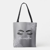 Silver Glitter Sparkle Eyelashes Monogram Naam Tote Bag (Achterkant)
