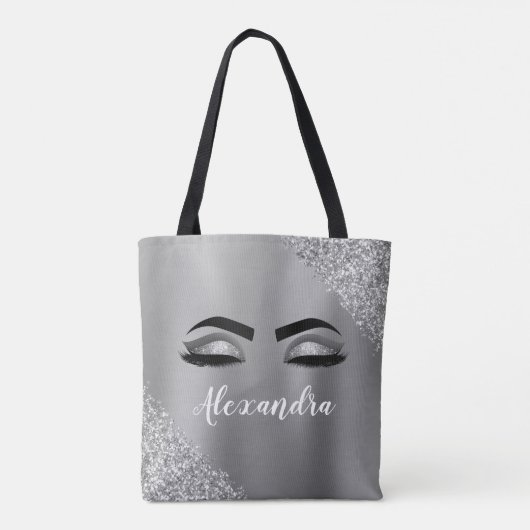 Silver Glitter Sparkle Eyelashes Monogram Naam Tote Bag (Achterkant)