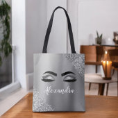 Silver Glitter Sparkle Eyelashes Monogram Naam Tote Bag